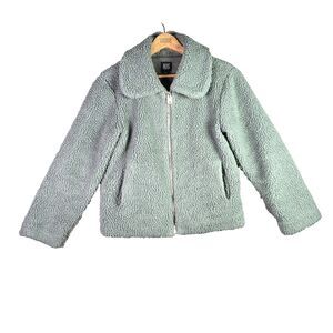 BDG Urban Outfitters Sherpa Teddy Cropped Jacket Sage Green Boxy Fleece Zip S